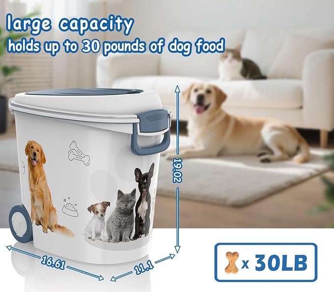 DRATO Pet Food Storage Container with Wheels 30LB Capacity | Resin, Slow Feeder Bowl and Scoop, Easy to Move, Keep Food Fresh, For Dogs, Cats, Birds