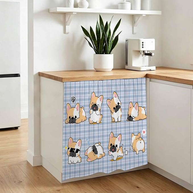Cute Puppy Cabinet Dishwasher Hidden Curtains, Privacy Closet Door Curtain, Blue Purple Plaid Modern Funny Dogs Pet Adhesive Dust Proof Under Sink Skirt for Bathroom Kitchen 35"x35"