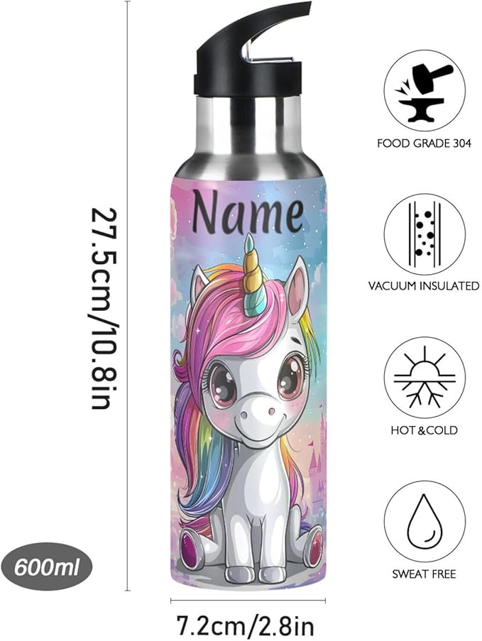 Custom Name Cute Unicorn Rainbow Castle Water Bottle with Straw Lid Kids Insulated Stainless Steel Water Flask Sports, 20 Oz Hot Cold