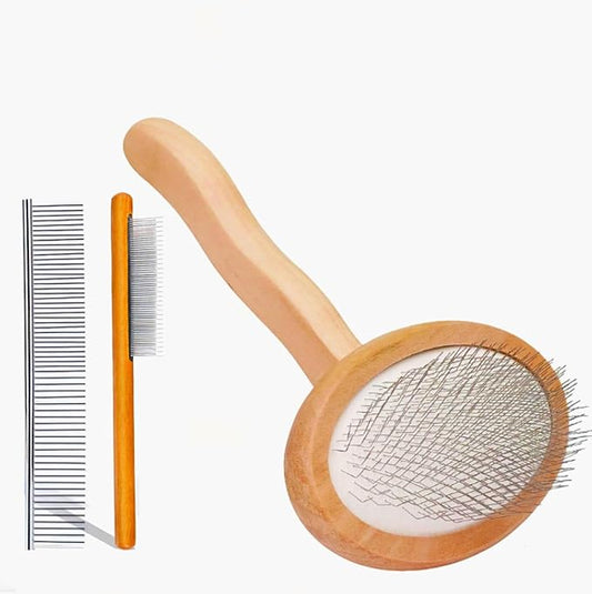 3 Pcs Slicker Brush for Doodle Dogs - Wooden Handle Grooming Comb Set for Goldendoodle, Labradoodle, Poodle - Detangling Tool for Wavy & Curly Hair, Mats & Tangles Removal (Small/Big Dogs & Cats)