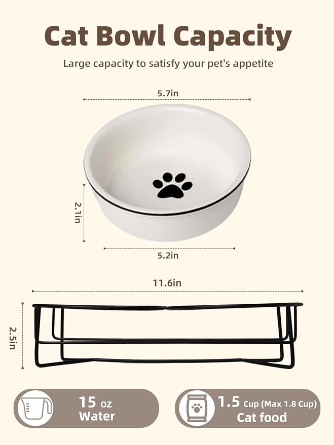GDCZ Ceramics Raised Cat Bowls with Heighten Metal Stand,15 Ounces White
