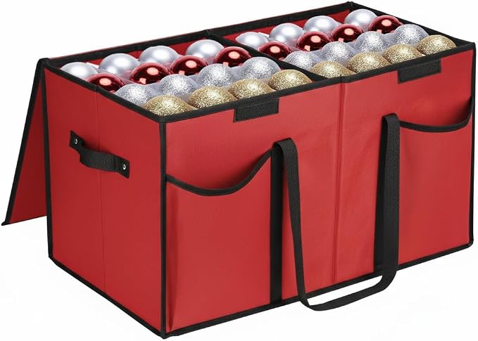 Christmas Ornament Storage Box with Dividers & Pockets - Holiday Ornament Organizer Bag - Holds 128 Balls - Durable Red Fabric Container with Handles - Foldable Xmas Decorations Storage - by Mobi Lock