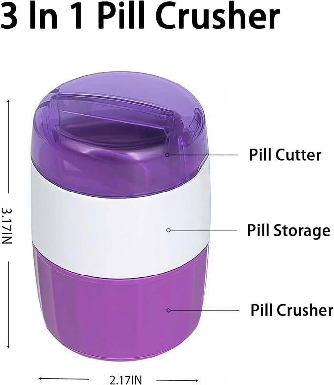 3-in-1 Pill Crusher and Cutter with Storage, BPA-Free Pill Grinder for Fine Powder, Stainless Steel Blade & Grinding Head, Portable Pill Splitter for Elderly, Pets, Travel(Purple)
