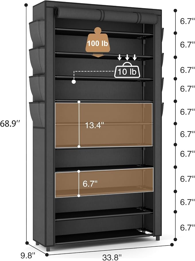 VTRIN Tall Shoe Rack with Cover, 10 Tier Shoe Organizer Storage for 50-55 Pairs Shoes and Boots Large Capacity Shoe Shelf with 8 Pockets Free Standing Shoe Rack for Closet, Entryway, Garage