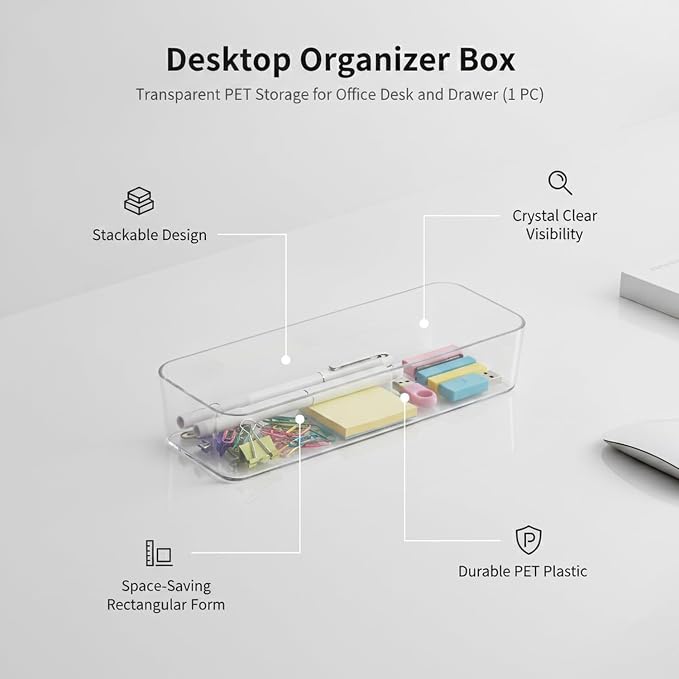 Durable PET Plastic Desktop Organizer, Transparent Storage Bin for Office Desk and Drawer Organization