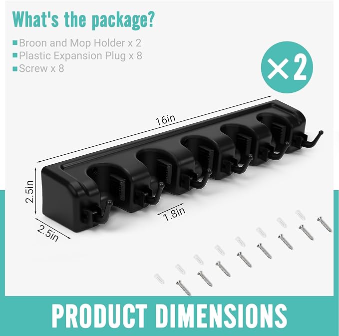 InPoTo Broom and Mop Holder, Wall Mounted Organizer Storage Tool Rack with 5 Ball Slots and 6 Hooks (2 Pack)