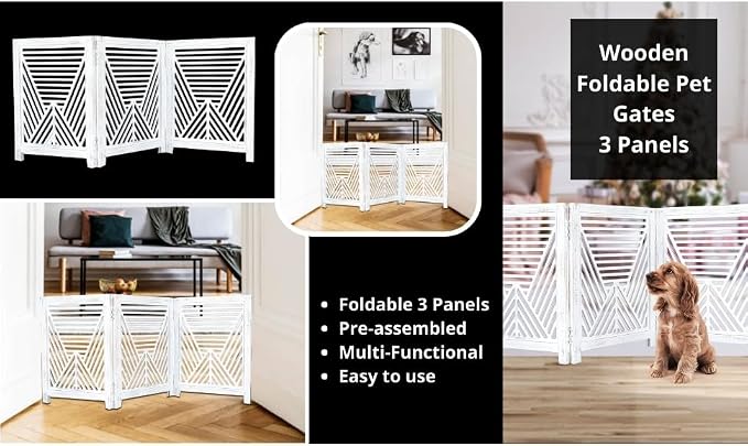 Lightnpro 3‑Panel Wooden Dog Gate – Antique White Foldable Freestanding Pet Barrier, Extra‑Wide Indoor Safety Fence for Small Dogs & Puppies – 24x54 Inch Decorative Finish