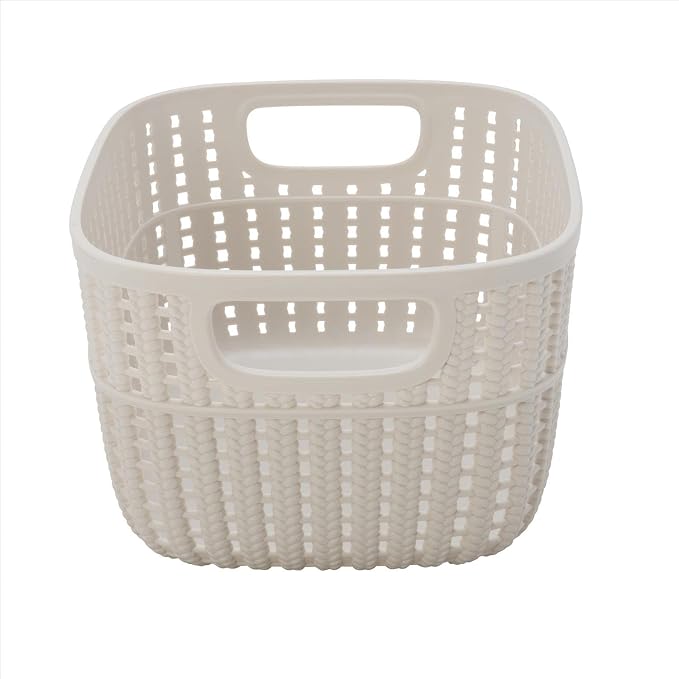 Simplify 4 Pack 2 Tone Sailor Knot Plastic Storage Tote | Decorative Basket | Closet Organization | De-clutter | Accessories | Toys | Bathroom Organization | Small | Ivory