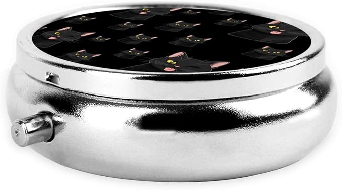 Mini Pill Case, Round Compact Organizer, Portable Holder for Supplements, Travel Pill Box Purse Carry for Students, Cool Funny Black Cats