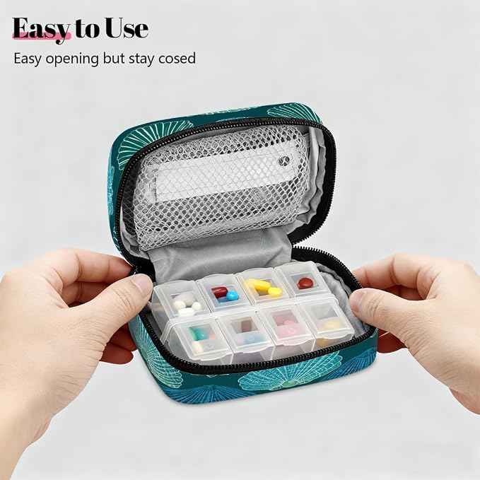 Travel Pill Organizer Blue Teal Shell Starfish Pattern Pill Case