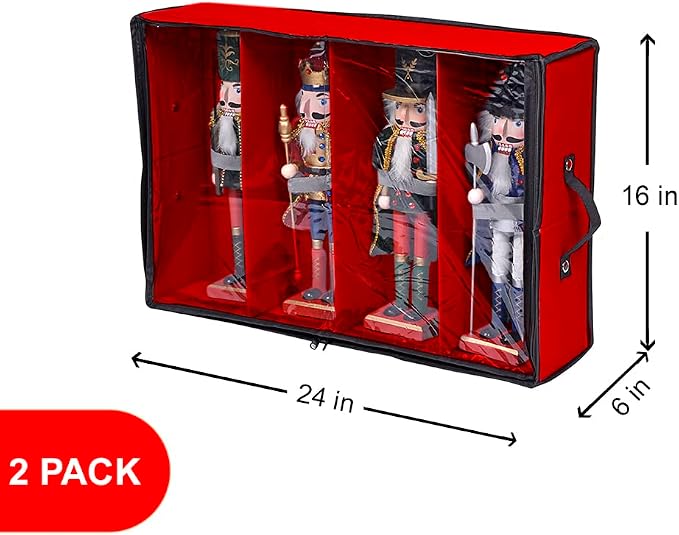 2 Pack Christmas Figures Storage Box | Each Holds 4 Holiday Figurines up to 16” | Adjustable Nutcracker Decor Ornament Storage Container | Xmas Decorations Accessories Boxes (Red)