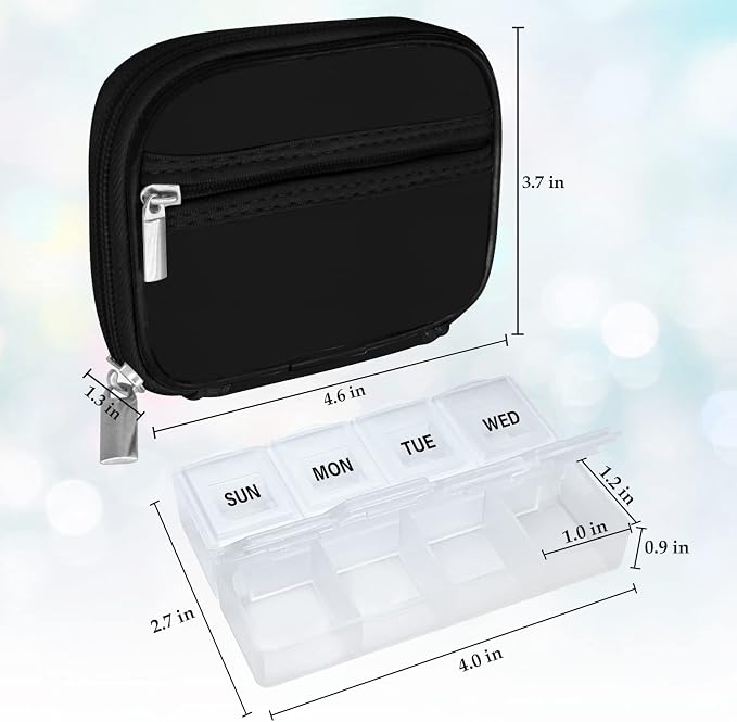 Serfeymi Weekly Travel Pill Organizer Pill Case for Purse with Removable 7 Day Pill Box, Fashionable Travel Medicine Organizer Pill Container for Medicine, Vitamin, Supplement - Black 01 + Pill Box