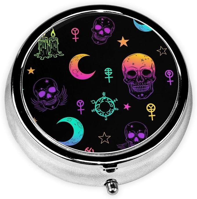 Travel Pill Case, Round Metal Organizer, Small Dispenser for Supplements, Pocket Purse Holder for Outdoor Adventures, Witch Frogs Goth Moon Skull Mushroom