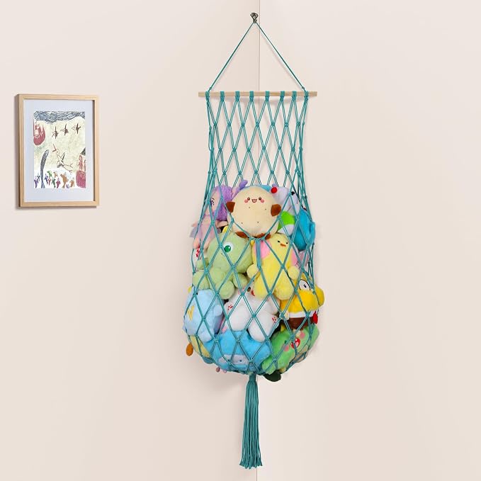 68 Inch Stuffed Animal Storage Hammock Corner Plushie Net,Aqua | Boho Macrame Large Toy Hammock for Stuffed Animals Organizer,Wall Ceiling Over Door Stuffy Storage Holder,Nursery Room Decor