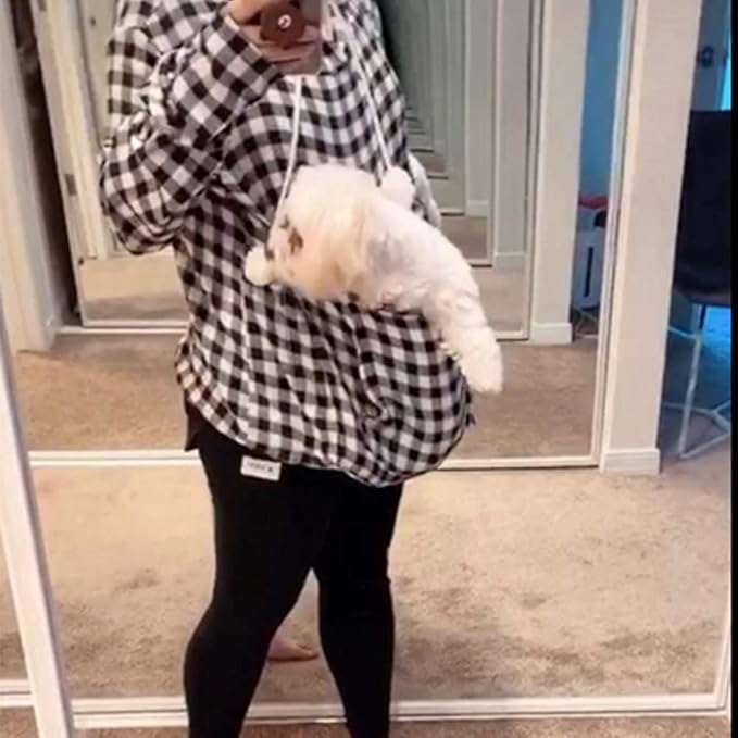 Pet Pouch Hoodie - Cat Dog Holder Sweatshirt Large Pocket Carrier Pullover Tops for Women (Black+White, Large)