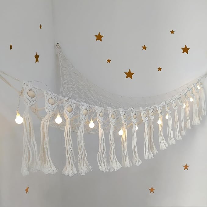 Large Stuffed Animal Net or Hammock, Boho Macrame Toy Hammock with LED Lights, Decorate Room Space Saving Pet Net for Stuffed Animals, Suitable for Nursery, Playroom, Kids Bedroom