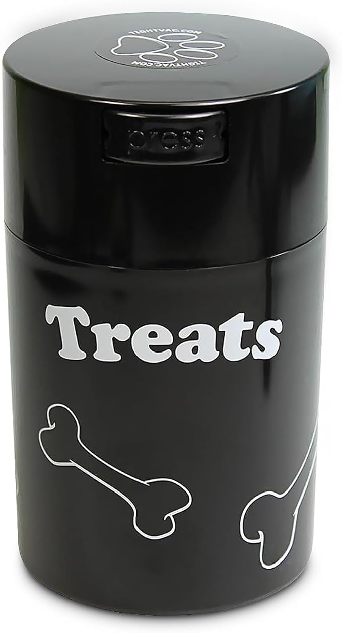 Tightpac Pawvac 1 to 6 Ounces Container, Airtight Pet Food and Treats Storage Jar - Patented Vacuum Seal Container for Pet Food, Treats and other Dry Goods - Black with Treats