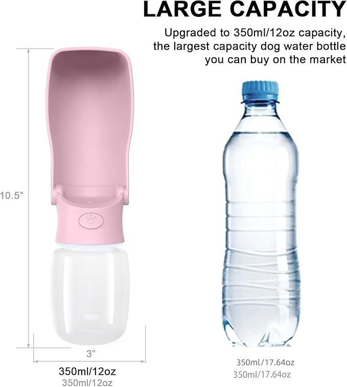 Portable Dog Water Bottle for Walking – 19oz / 12oz Foldable Pet Water Dispenser for Puppies, Medium & Large Dogs – Leak Proof Travel Water Bowl for Small Animals Dog Accessories(12OZ Pink)