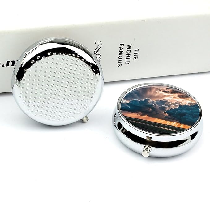 3 Compartment Medicine Pill Case, Magnificent Rainstorm Cloud Round Pill Box, Portable Decorative Medicine Organizer for Pocket Or Purse Vitamin Organize