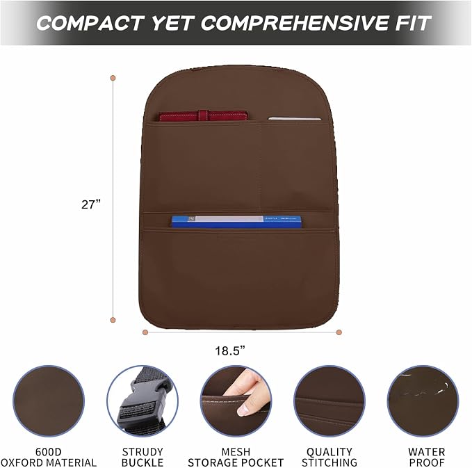 SUTSU Kick Mat Back Seat Protector， Waterproof Leather Car Seat Back Organizers Cover with 3 Storage Pockets for Kids Pets SUV Sedan Minivan Truck Car Travel Accessories (Coffee 2-pack)