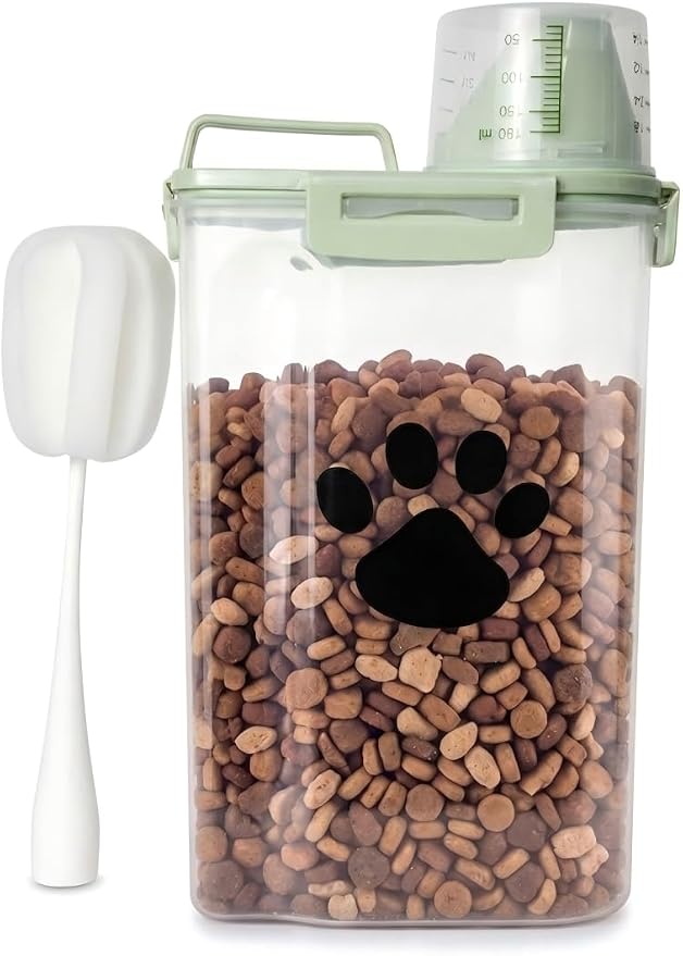 Dog Storage Container with cleaning brush with Measuring Cup | Airtight Portable Pet Food Containers with Upgraded Large Spout and Cup for Dogs,Cats,Birds,Small Animals（Green）