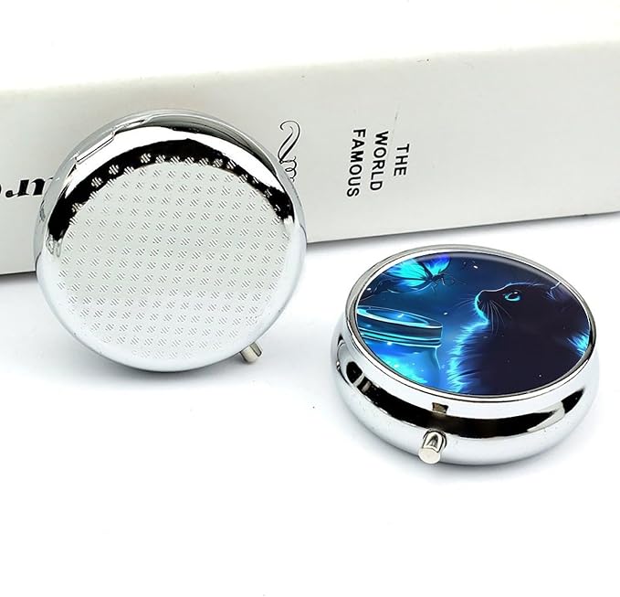 Black Cat Pattern Metal Round Pill Box, 3 Compartment Travel Organizer, Portable Pill Container with Secure Latch, 2 Inch Circular Vitamin Caddy for Pills and Vitamins, Gift for Him Her Elderly