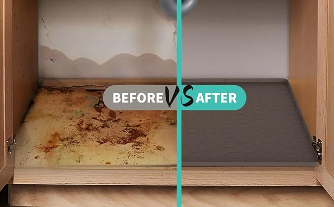 Under Sink Mat, 14"x22" Under Sink Mats for Kitchen, Silicone Waterproof Under Sink Liner, Sink Cabinet Organizer Tray with Drain Hole