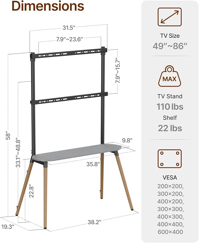 4-Leg Easel TV Stand for 49-86" TVs, 110 lbs, Black | Height-adjustable floor TV stand, storage shelf, cable management and protective pads for living room, office or school