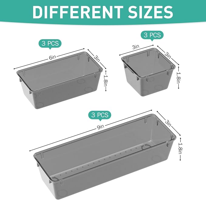 9 Pack Clear Drawer Organizer Set, Drawer Storage Trays, Storage Bins | Acrylic Drawer Storage Trays, Storage Bins for Makeup, Cosmetics, Jewelries, Utensils, Gadgets, Office