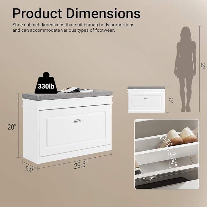 Haotian Shoe Storage Bench with Cushion | White Narrow Shoe Rack for Entryway, Small Shoe Cabinet with Flip-Drawer, Closet Hallway Mudroom FSR82-L-W