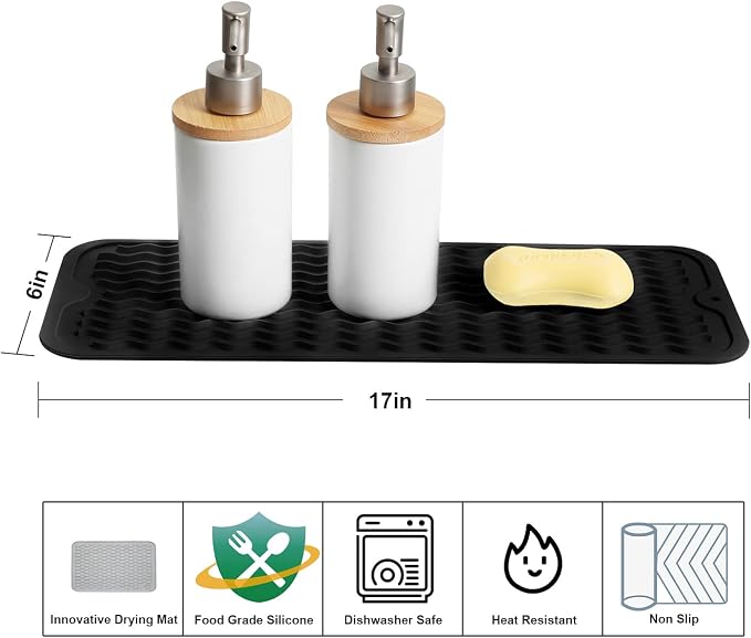 ZLR Small Dish Drying Mat for Kitchen Counter, 6"x17", 2-Pack, Black | Narrow Silicone Drainer for Apartment, Dorm & RV, Wavy Ridges Quick-Dry, Non-Slip, Rolls Up, Dishwasher Safe