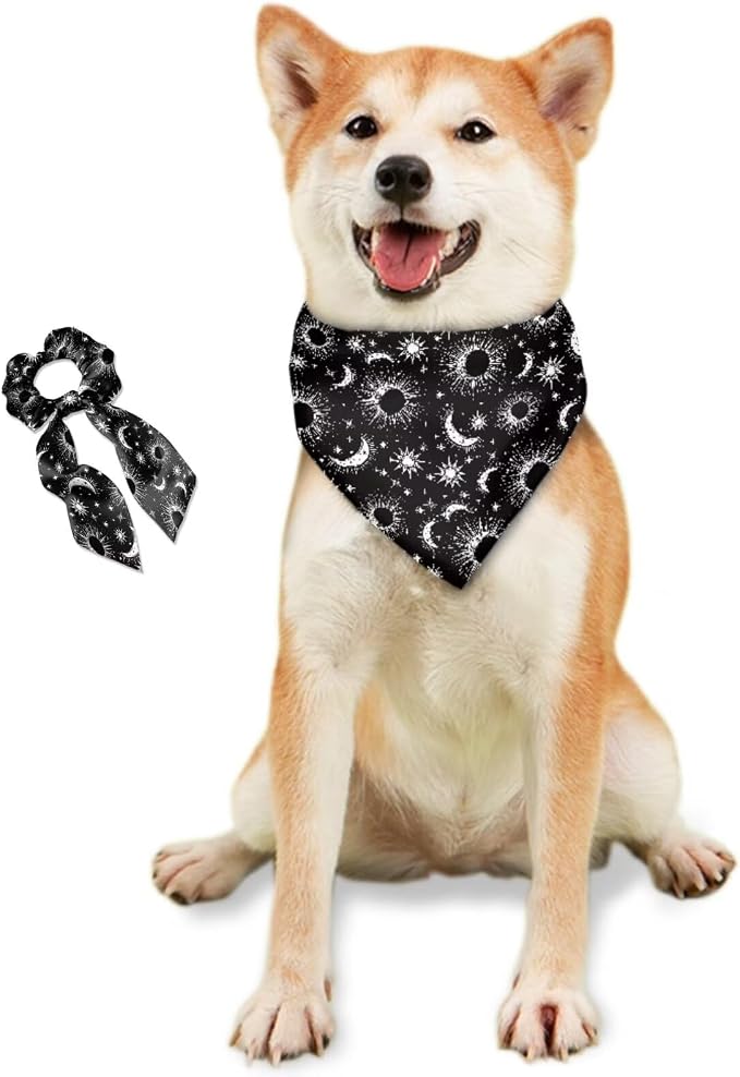 COEQINE Christmas Dog Bandanas Bulk for Small Medium Large Dogs Bandana with Bow Hair Ties for Owner Black Gothic Stars Moon Pattern Holiday Costume for Pet and Adult Costume