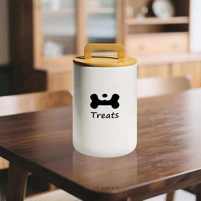 Dog Treat Container Airtight - 5 Inch Wide x 8.7 Inch White Ceramic Dog Treat Jar for Kitchen Counter, Doggie Cookie Jar with Airtight Bamboo Lid - Farmhouse Style Dog Food Storage Container