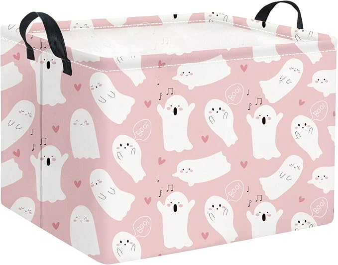 Halloween Basket Cute Baskets for Kids Pumpkin Basket Rectangular Storage Bin Organizer Box Room Decor(Pink Singing Ghost)