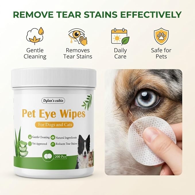 Dylan's cabin Eye Wipes for Dogs - 200 Count Soft Round Cat Eye Cleaning Pads, Alcohol Free pH Balanced Daily Tear Stain Wipes Remove Discharge and Crust