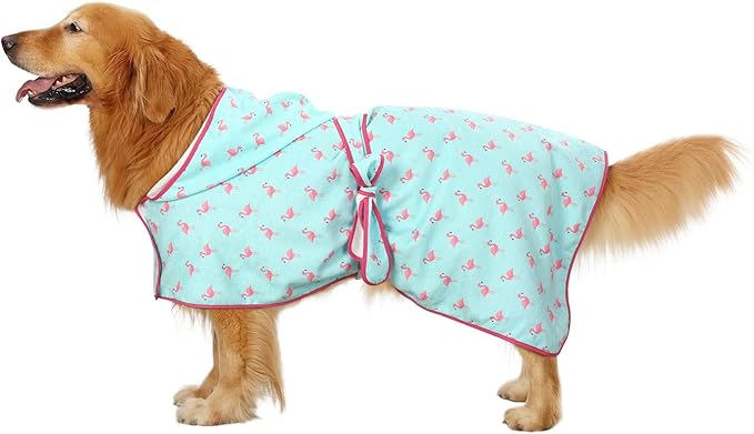 HDE Dog Bathrobe Super Absorbent Quick Drying Puppy Towel Wrap Coat Adjustable After Bath Robes with Hood for Dog Sizes S-XXL Flamingos XL