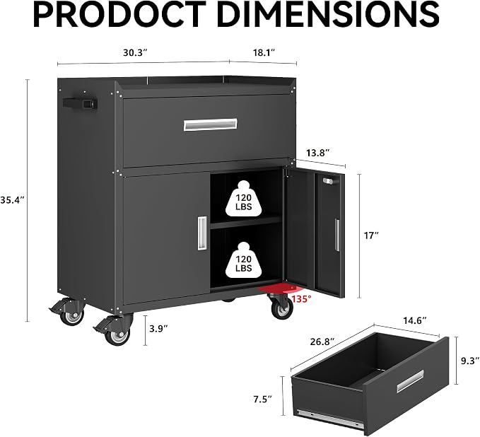 COFaR Metal Rolling Tool Cabinet with 1 Drawer and 2 Lockable Doors, Black | 35''H Profile with A 120 LB Adjustable Shelf, 200 LB Top, Four Swivel Casters and Side Handle for Garage or Workshop