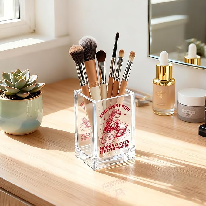 Time Spent With Books & Cats Acrylic Pencil Holder Cup, Funny Floral Cat Books Desk Organizer for Book Lover Bookish Bookworm Reader, Cats Lover Gifts for Mom Sister BFF, Pencil Cup for Desk