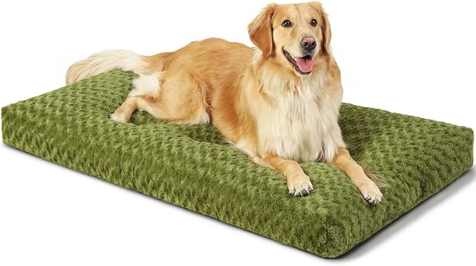 KSIIA Washable Dog Beds Large Sized Dog Crate Bed Pet Mat 41"x27" Green | Deluxe Plush Comfy Kennel Pad, Anti-Slip Bottom,Deep Sleeping Mat for Large Dogs,Machine Washable for Easy Cleaning