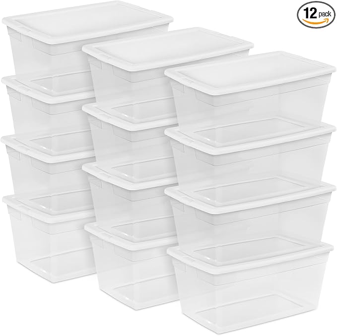 Sterilite Storage Box, Stackable Clear Plastic Bins, 90 Quart, 12-Pack | Heavy-Duty Organizing Containers with Snap-On Lids for Closet, Bathroom, and Office