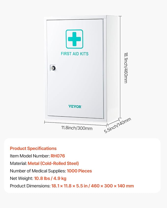 VEVOR 3-Shelf First Aid Cabinet, 1000 Pieces, Large Capacity First Aid Kit, Wall Mounted Medicine Cabinet, OSHA & ANSI 2015 (Class A), Industrial Emergency Metal Med Box, for Business and Worksite