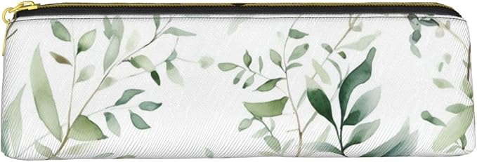 Leather Pen Case with Zipper - Aesthetic Pen Holder White Natural Greenery Twig Pencil Case for Women & Men - Handcrafted Pencil Bag Multi-Functional Travel Cosmetic Case for Work Office Tool Pouch