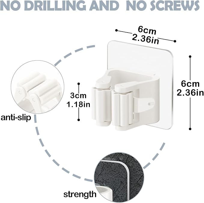 3-H 40 Pack Self Adhesive Broom Holder Wall Mount - Heavy Duty No Drill Broom Organizer for Garage Closet Kitchen, Plastic Storage Rack for Brooms Mops Tools, Peel and Stick Adhesive, White