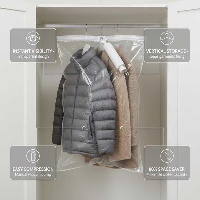 Hanging Vacuum Storage Bag with Hand Pump for Coats & Jackets, Space Saver for Closet Organization
