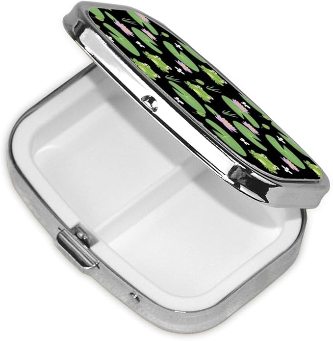 Cute Green Frogs Black Pill Organizer Travel Portable Compact Pill Box 2 Compartments Pill Case for Vitamins/Fish Oil/Meds for Purse Pocket
