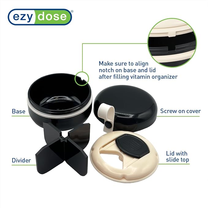 Ezy Dose Mini Vitamin Organizer, Multi Compartments, Black & Cream, Small | Portable and Compact Design, Easy Access Sliding Pill Dispenser, Supplement Organizer with Anti-Mix Design, Travel Friendly