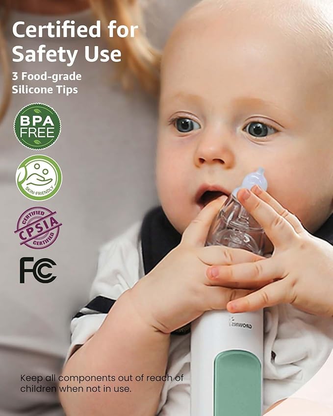 GROWNSY Nasal Aspirator for Baby, Electric Nose Aspirator for Toddler, Baby Nose Sucker, Automatic Nose Cleaner with 3 Silicone Tips, Adjustable Suctions, Music and Light Soothing Function (Green)