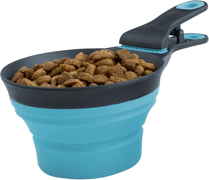 Dexas Popware for Pets Collapsible Klip Scoop, 3-in-1 Pet Food Scoop, Measuring Cup and Bag Clip, 1/2 Cup Capacity, Blue
