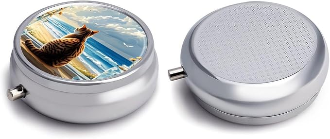 Cat On Windowsill Metal Round Pill Box, 3 Compartment Travel Organizer, Portable Pill Container with Secure Latch, 2 Inch Circular Vitamin Caddy for Pills and Vitamins, Gift for Him Her Elderly