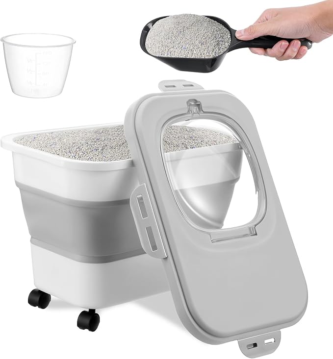 Cat Litter Storage Bin Container with Airtight Lids, Portable Cat Litter Storage Container with Wheels, Kitchen Cereal Rice Leakproof Sealable